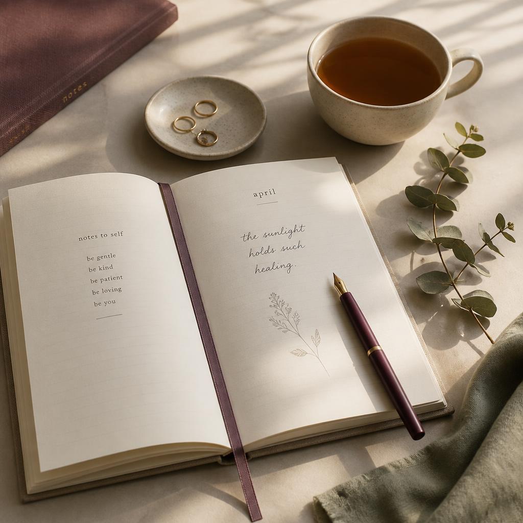 An open journal, a warm cup of tea and fresh flowers on a peaceful table