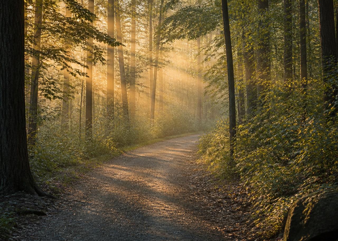 A quiet sunlit walking trail lined with soft wildflowers